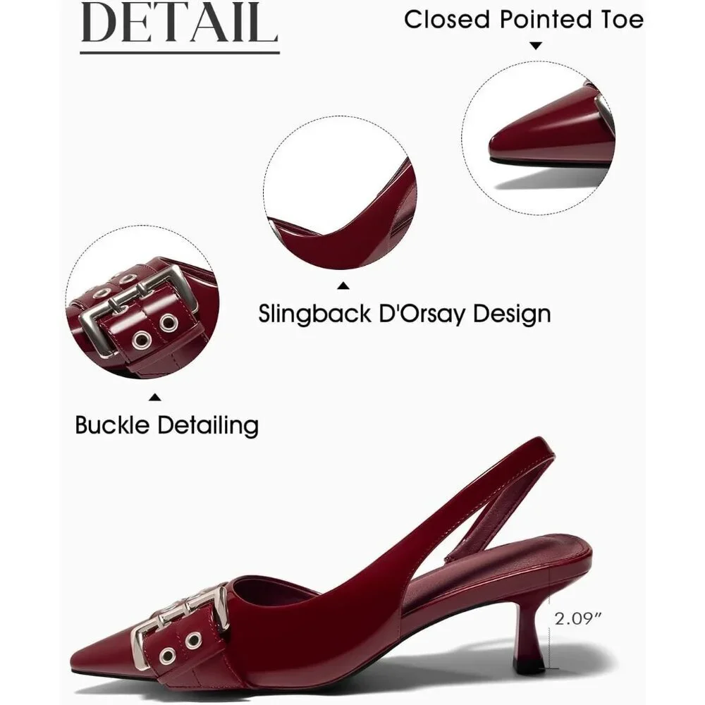 Women's Red Slingback Kitten Low Heel Closed Pointed Toe Pumps D’Orsay Buckle